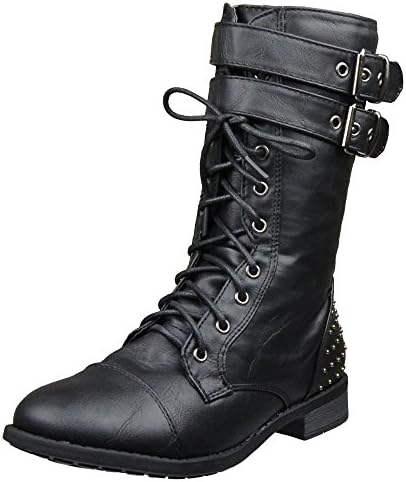 FL By KSCWomens Ankle Boots Buckle Accent Studs Lace Up Combat Boots