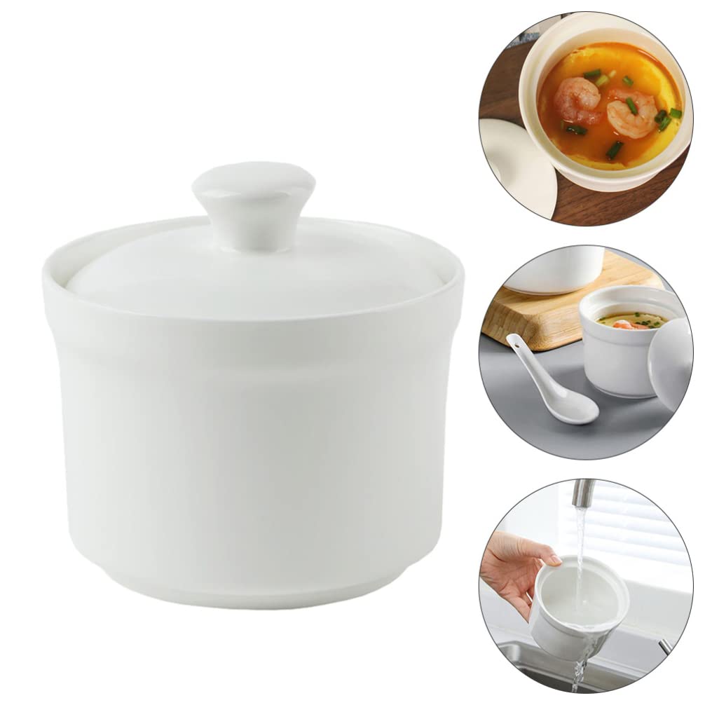 Ceramic Stew Pot with Lid Steam Soup Bowl Steaming Cup Stockpot Cooking Earthen Casserole Pot for Home Kitchen Egg Custard Medicinal Birds Nest 580ml