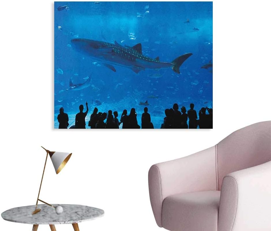 Shark Art Stickers Japanese Aquarium Park with People Silhouettes Watching Underwater Life Hobby Image Custom Poster Blue Black W48 xL32
