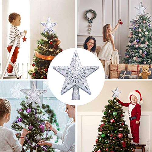 Christmas Tree Topper with LED Lighted Snowflake Projector, Silver Glittered Star Tree Topper for Christmas Tree Decorations Indoor LED Night for Christmas Nursery Bedroom Holiday Decoration