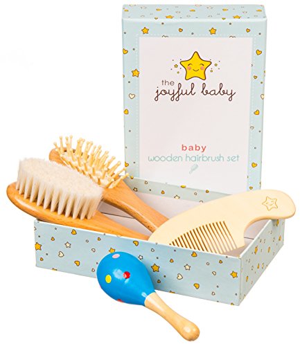 Wooden Baby Brush Set: 4-Pack Set of Natural Goat Hair Bristles Brush + Wooden Bristles Brush + Comb + Wooden Toy | For newborns and toddlers | Perfect Baby Shower Gift (Bright Blue)