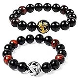 Areke 12mm Mens Tiger Eye Agate Bracelet Unisex Dragon King Pattern Beaded Stretch Bracelets Color Silver+Gold