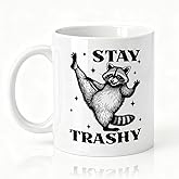 SRWNFOS Stay Trashy Double-Sided Ceramic Mug, Funny Raccoon Coffee Mug for Coworker, Coffee Cup for Colleague, Sarcastic Gifts for Raccoon Lover Friend Bestie, Christmas Office Gifts for Coworker