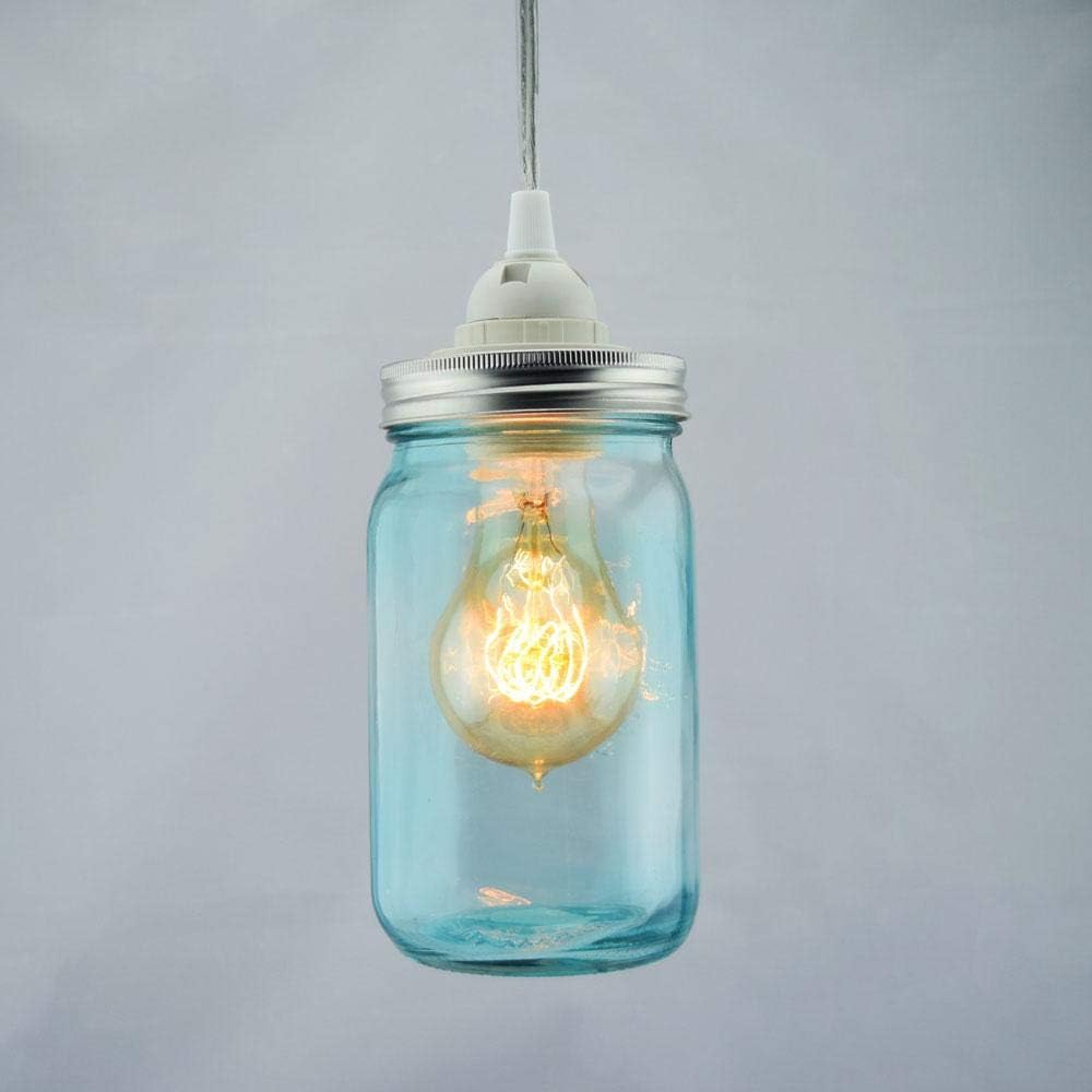 Fantado Water Blue Glass Mason Jar Pendant Light Kit, Wide Mouth, Clear Cord, 15FT by PaperLanternStore