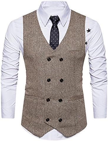 Ennglun Mens Waistcoat,Men Formal Tweed Check Double Breasted Waistcoat Retro Slim Fit Suit Jacket,for Men
