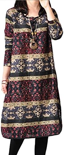 Tirahse Womens Retro Loose Long-Sleeved Cotton Dress BlueX-Large