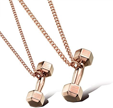 Topsue His &amp; Hers Matching Set Titanium Stainless Steel Couple Bodybuilding Dumbbell Pendant Necklace in a Gift Box (One Pair)