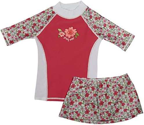 grUVywear UV Sun Protective (UPF 50+) Girls Short Sleeve PEACH Flower Shirt with Matching Skirt - XS 3-4