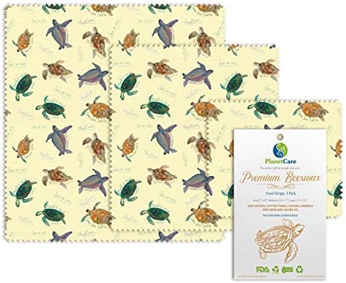 PlanetCare BEESWAX WRAPS; Set of 3 (S M L): Endangered Sea Turtle Series Limited Edition: Reusable ECO food wrap, 100% natural, 100% BIODEGRADABLE; plastic free HEALTHY sustainable FOOD STORAGE