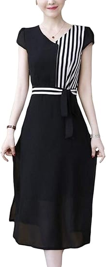 Amazon Beibang バイバン ワンピース レディース ロング丈 シフォンワンピース 半袖 Vネック きれいめ フレアワンピース 切り替え ウェスト リボン おしゃれ 黒ワンピース 大きいサイズ オフィス ワンピース チュニック 通販