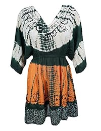 Mogul Womens Tie-Dye Mini Dress Embroidered Casual Elastic Waist Cover Up