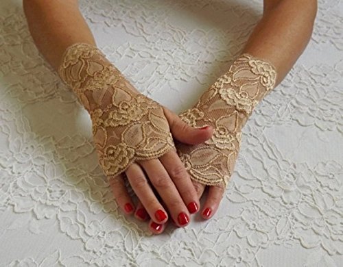 Gold lace fingerless gloves. elastic floral lace mittens, black/ …