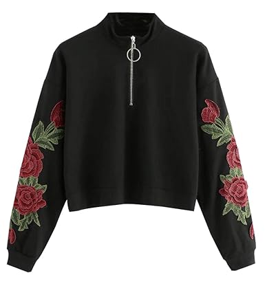 Damen Kurz Reißverschluss Sweatshirts Crop Pullover Frauen Mädchen Stickerei Blumen Top Bauchfrei Oberteile Langarm Bluse Jum