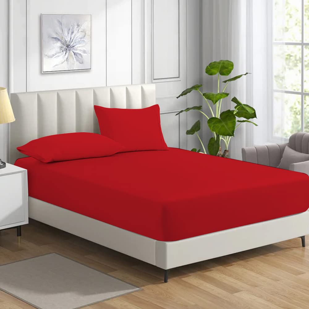 MistyMorning Fitted Sheet, Soft & Premium quality Bedding & Linen, 11''/28cm deep sheet, Egyptian Cotton with 200 Thread Count. (Red, Double) — image 1