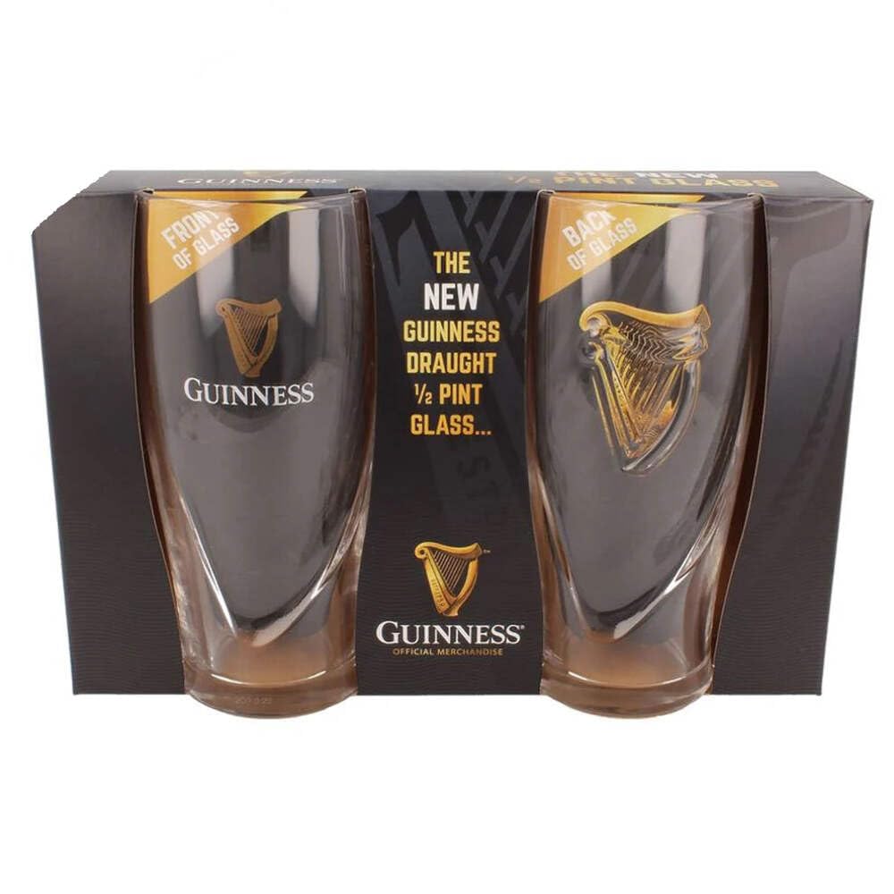 Official Guinness Logo 2 Pack 1/2 Pint Glass Set with Embossed Harp