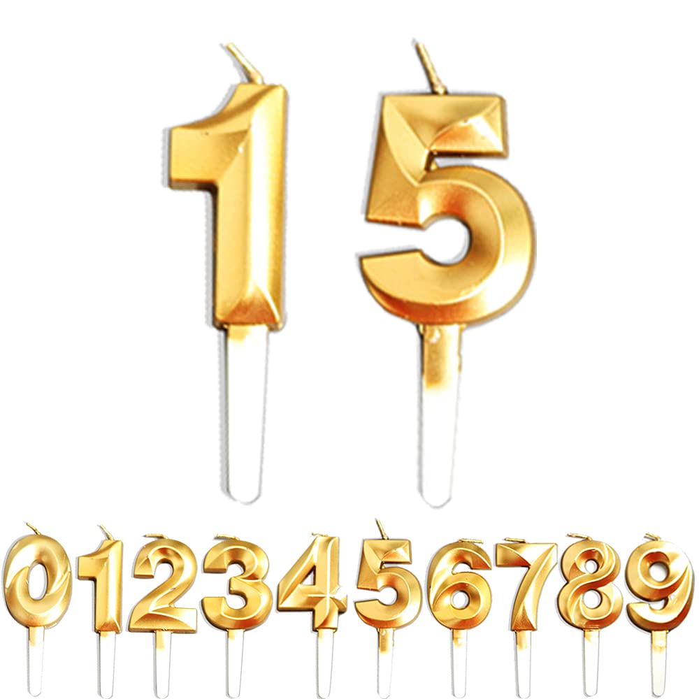 Birthday Candles, 15th/51th/1th/5th Birthday Cake Candles, Cake Decoration for Birthday Party Wedding Anniversary Graduation Party Supplies (Gold, Number 1&5)