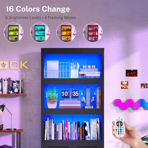 TEENFON Bookshelf with 16 Color Lighting Modes, Bookcase with 2 Doors and Adjustable Shelf, Floor Standing 5 Shelf Display Storage Shelves, Tall Bookcase for Home Office, Living Room, Black