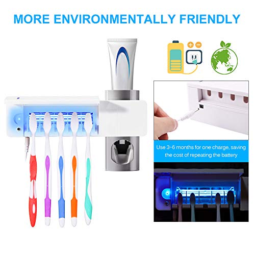 Uv Toothbrush Sanitizer, Uv Toothbrush Holder Wall Mounted Toothpaste Dispenser with Sterilization Function, 5 Toothbrush Sterilizer Holder for Family Kids, Shower Bathroom, USB Charging