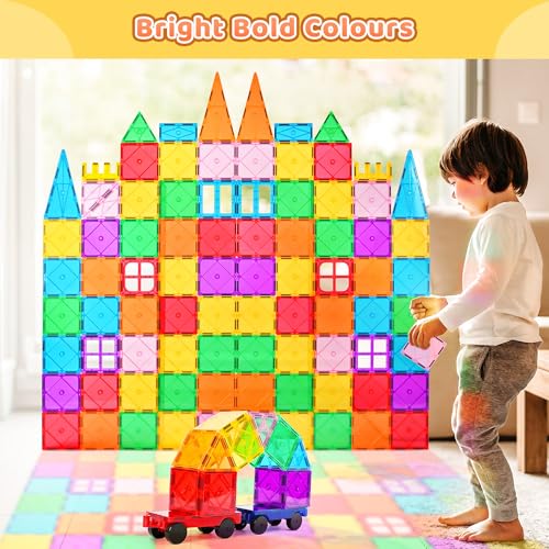 Katiago Magnetic Constructions, 100 Pieces Magnetic Blocks for Children from 3 4 5 6 Years, Strong Magnetic Construction with 2 Cars Perfect Gift for Boys and Girls of 3 4 5 6 7 8 Years Old