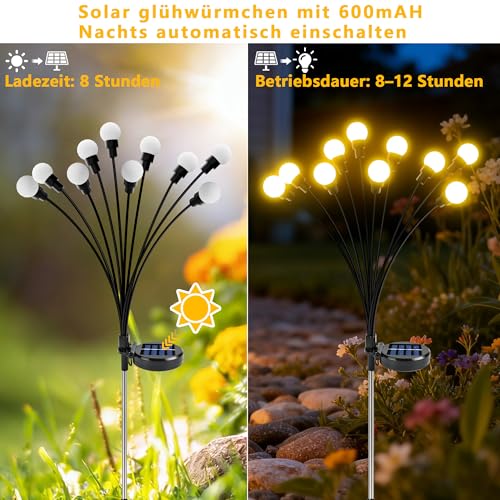 Solar Lights for Outdoor Garden, 4 Pieces Solar Fireflies 10 LEDs, Solar Lights for Outdoor Use with IP65 Waterproof Warm White 8 Light Modes Height Adjustable Swinging Solar Lights for Garden Walkway