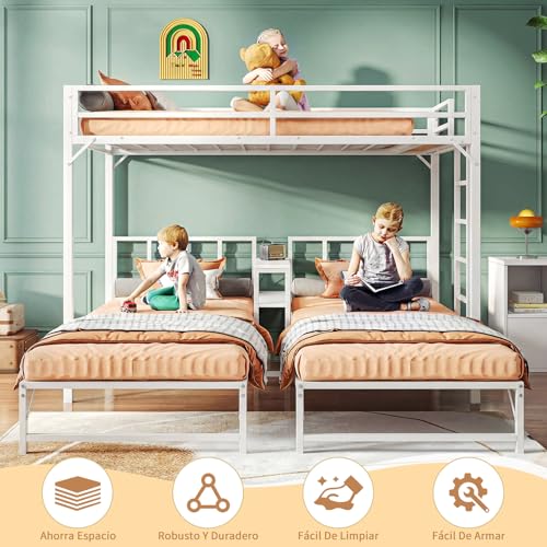 Simple Wisdom Literas de 3 Camas,Literas Individuales Tiene Tres Base Cama Individual,Litera Triple con Mesa,Equipado con Barandillas y Escaleras,La Base Metal es Resistente y Estable (Blanco)