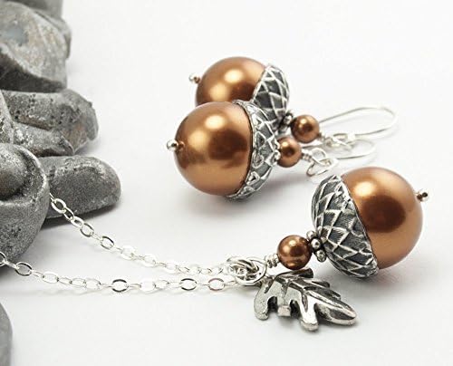 HandmadeDashe Designs Handmade Acorn Jewelry Set with Oak Leaf, Acorn Necklace Earrings Copper Colored Simulated Pearls, 18 inches
