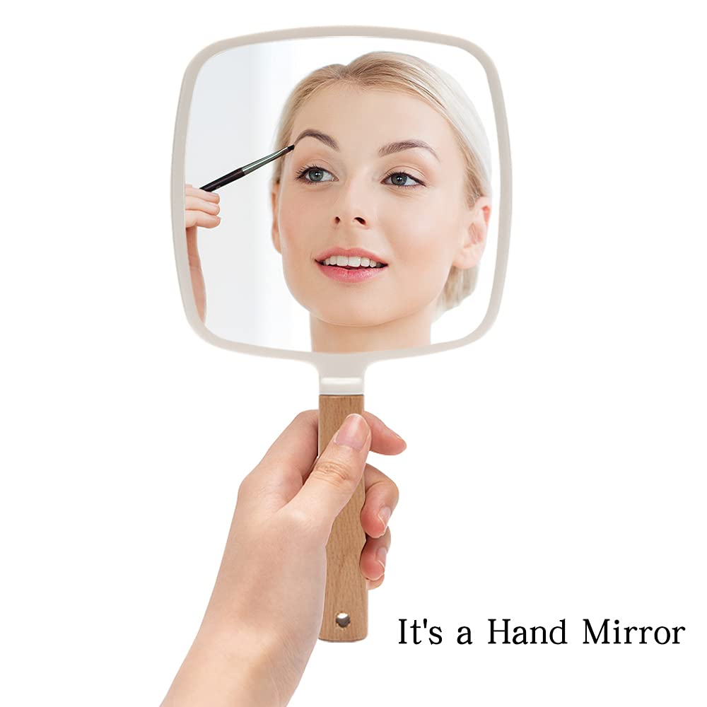 YEAKE Hand Held Mirror with Handle for Makeup,Small Cute Wood Hand Mirror for Shaving with Hole Hanging Single-Sided Portable Travel Vanity Mirror for Men&Women(Square)