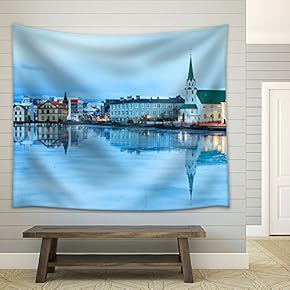 Beautiful Reflection of The Cityscape of Reykjavik and The Free Church in Lake Tjornin at The Blue Hour in Winter - Fabric Wall Tapestry Home Decor - 51x60 inches