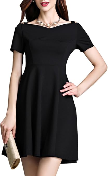 ワンピース 膝丈 レディース 上質 ブラック フォーマル 黒 きれいめ 無地 ドレス 一字襟 可愛い ワンピース チュニック 通販 Amazon