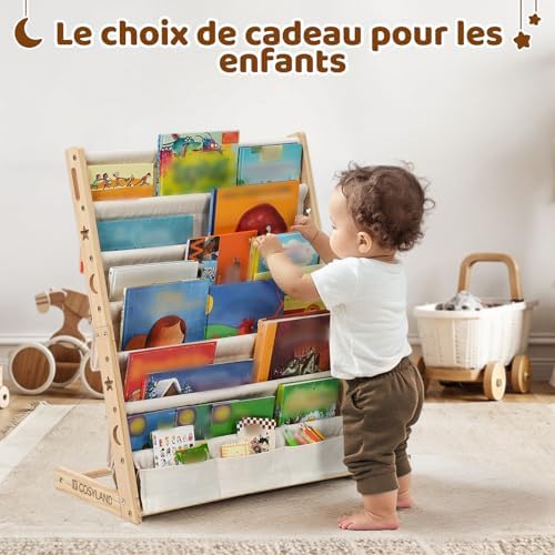 Bibliotheque Enfant en Bois Massif à 7 Niveaux - Etagere de Rangement pour Livres - Présentoir Livres Bebe avec Design Stable - Meuble Montessori pour Chambre d’Enfant (63 cm, Naturel)