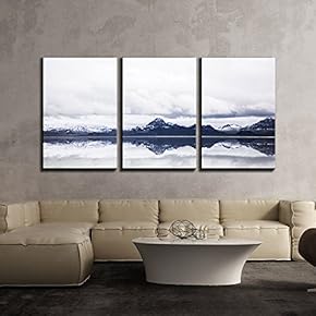 3 Piece Canvas Wall Art - Mountain Range Covered with Snow with Reflection in The Lake - Modern Home Art Stretched and Framed Ready to Hang - 16"x24"x3 Panels