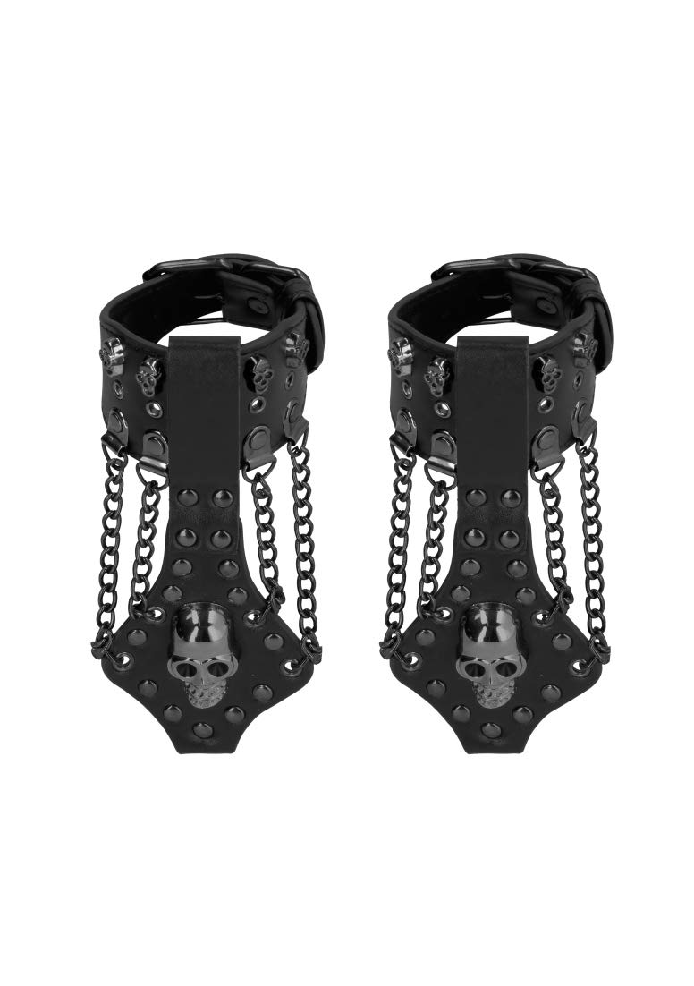 Ouch! by Shots - Leather Handcuff Piece with Metal Skulls and Chains - Black