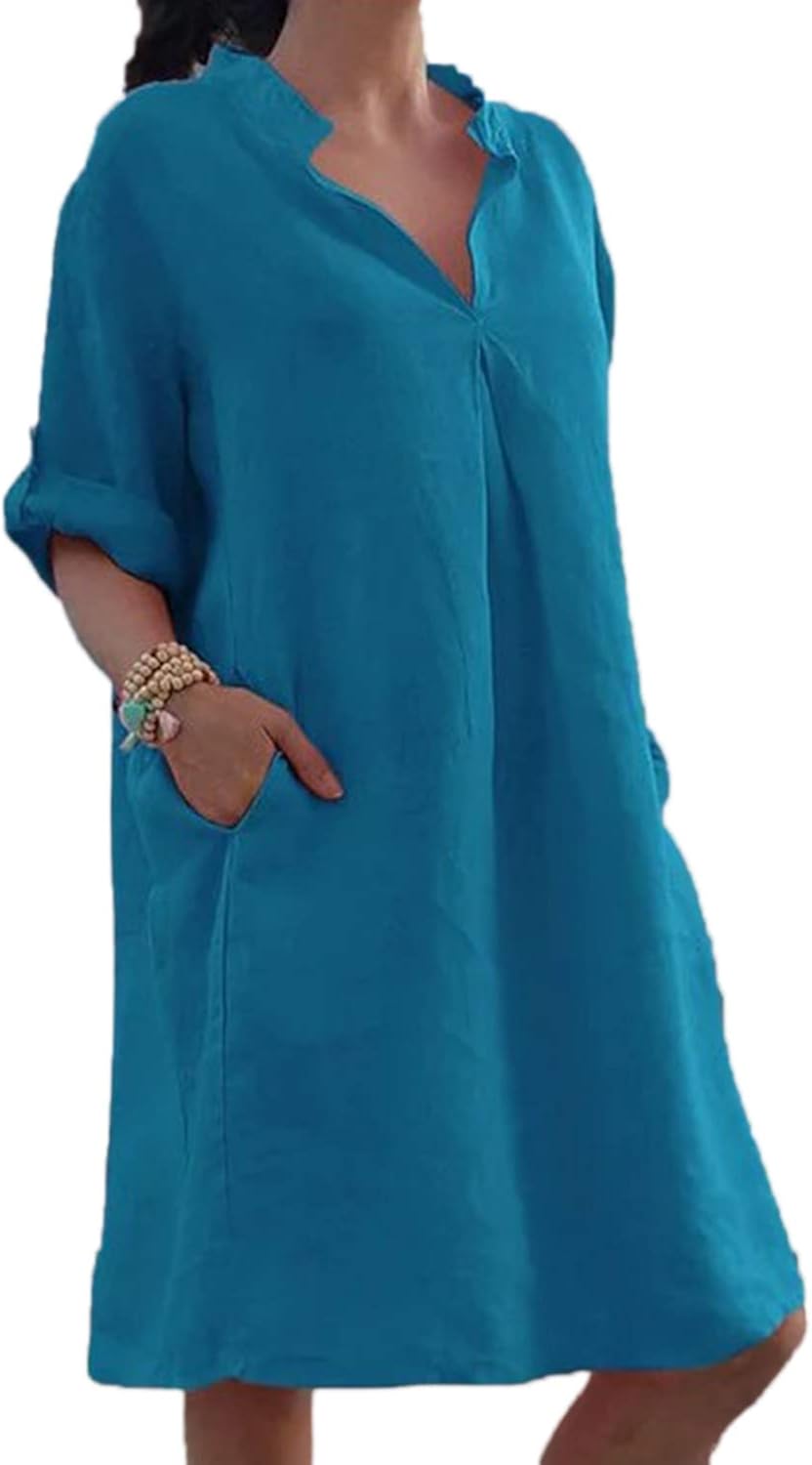 Sopliagon Women Cotton Linen Shirt Dress Casual 3/4 Sleeve Loose Mini