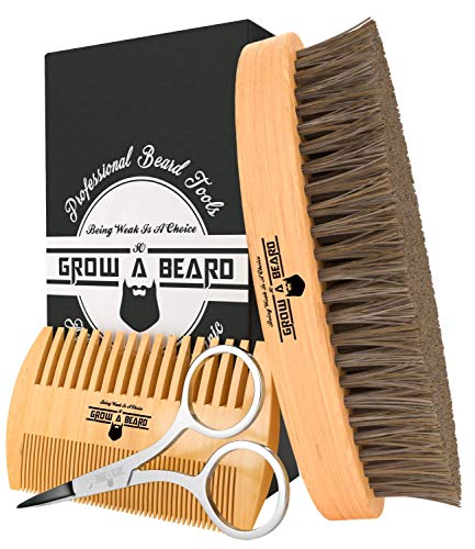 Beard Comb & Brush Set for Men's Care | Gentleman's Giveaway Mustache Scissors | Best Bamboo Grooming Kit to Spread Balm or Oil for Growth, Styling, Softness | Presented in Premium Gift Box