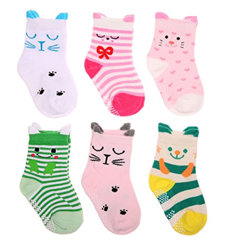 SDBING Baby's Color 6 Pair Thick Warm Cotton Socks (Anti-slip 1 to 3 Years Old) (Cute Cats)