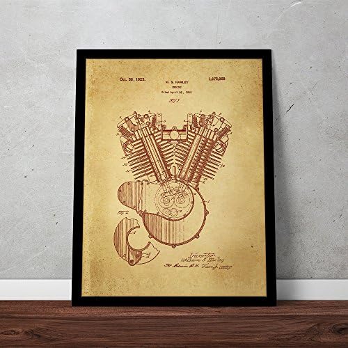 1923 Harley Davidson Motor Original Patent Print Framed Poster - A Unique Gift in Smooth Black Finish Wood Frame (8"x10")