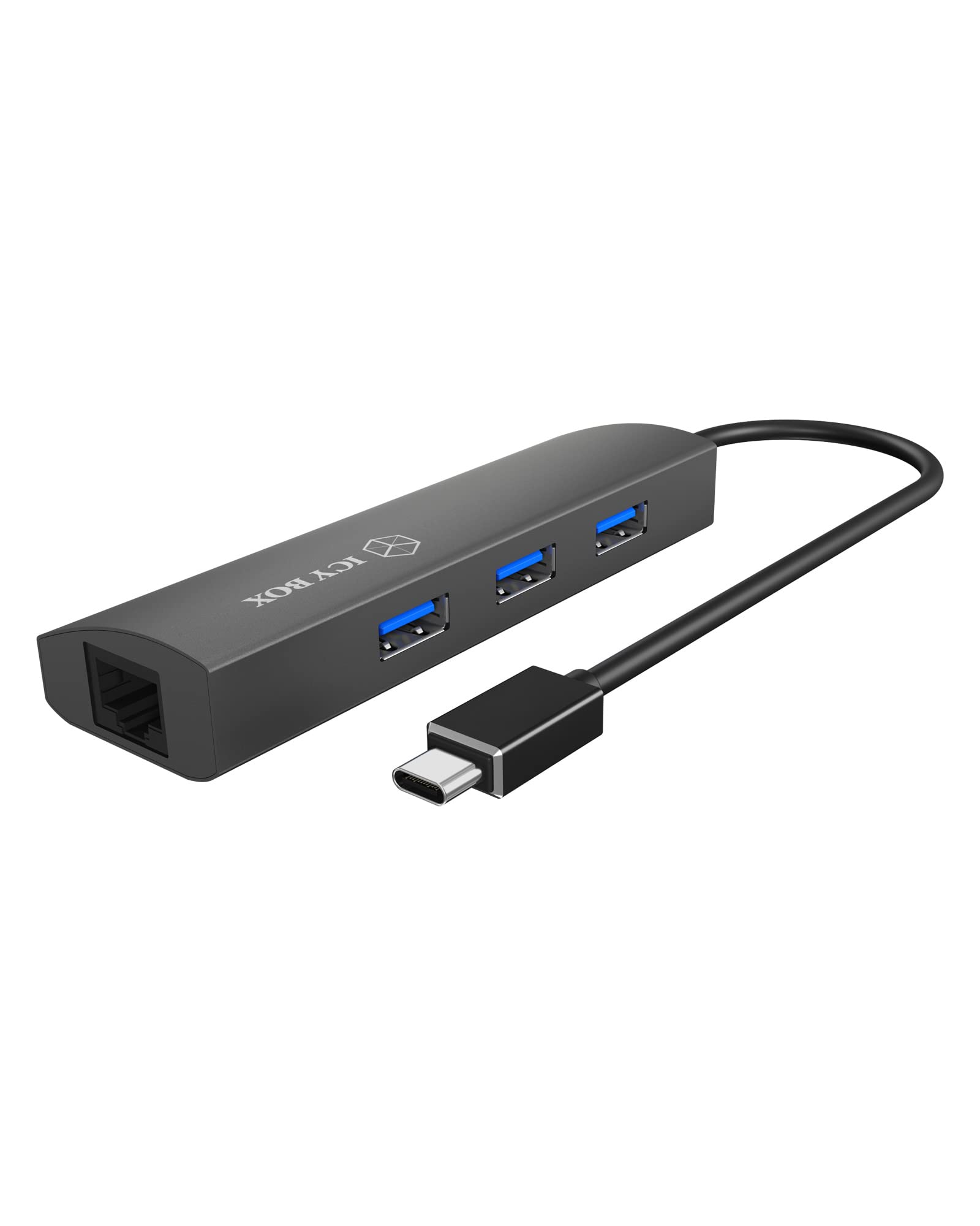 ICY BOX IB-HUB1406-C USB 3.0 Type-C Hub with 3x USB 3.0 (Type-A) and 1x Gigabit-LAN Network Port, Aluminium, Integrated Cable, Grey