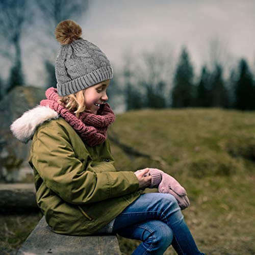 Kid Beanie Hats Lining Pom Pom for Children -Slouchy Cable Knit Toddler Skull Hat Baby Ski Cap for Girls Boys (Grey) - Thumbnail 6