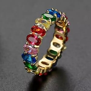 Rainbow Oval CZ Eternity Band Prong Set Multi Color Stackable Ring Women | Daily Wear, Office, Work, Business Casual, Everyda