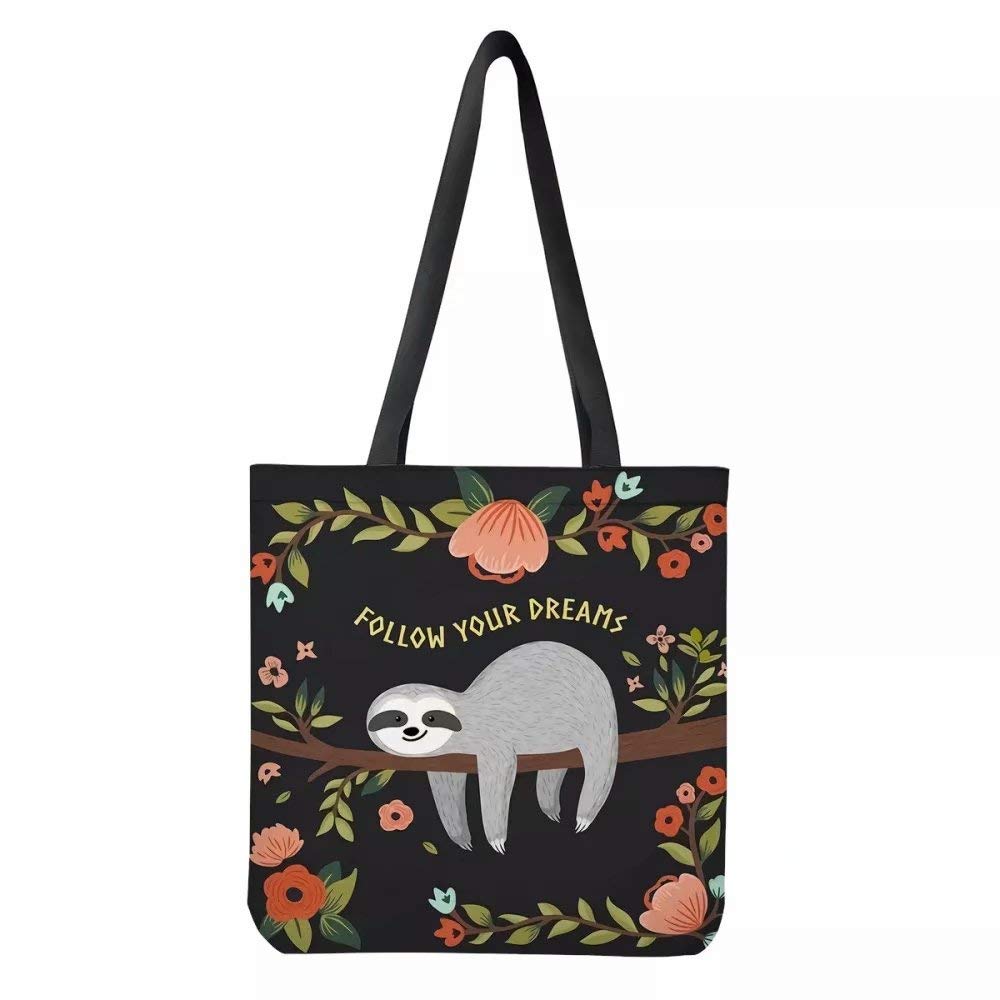 chaqlin Cute Sloth Flower Print Canvas Tote Bag Follow Your Dreams Grocery Handbag Casual School Cotton Shopping Shoulder Bag for Women Girls Gifts,Black