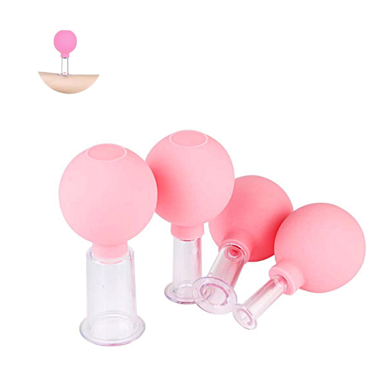 Facial Cupping Set, 4 Pieces Facial Massage Suction Cup, Plastic Physiotherapy Cupping with Silicone Ball, Suitable for Firm Skin, Wrinkle Reduction, Detoxification, Stimulating Lymphatic Flow (Pink)
