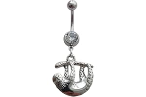 Cute 3D Sloth Belly Button Ring, Artistic Surgical Stainless Steel 14G Navel Barbell Ring with Dangle Pendant, Original Pierc