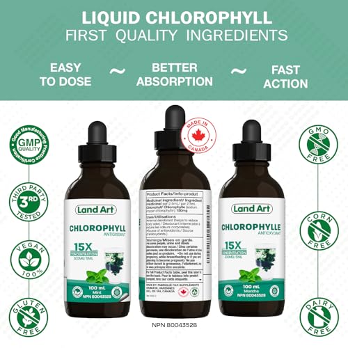 Liquid Chlorophyll Drops Mint 15X Concentrated 100ml - Detox - Alkaline - Natural Body Deodorant - Antioxidant - Cold Extracted from Non-GMO Alfalfa - Made in Canada