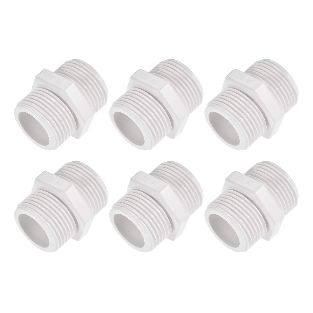 sourcing map Pipe Fitting, G1 Male Thread, Hex Nipple Tube Adaptor Connector Hose Connector, for Water Tanks, PVC Plastic, White, Pack of 6