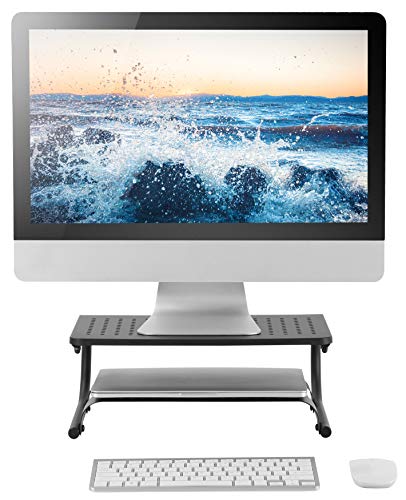 2 Pack- Two Tier, Double Decker Steel Monitor Stand with Rugged, Sturdy, Vibration Free Construction. Holds 50lbs, Laptop, Keyboard, Mouse, Organize Supplies. Vented Cooling. Attractive Black