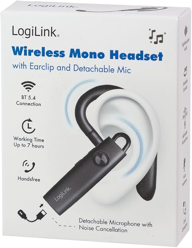 Auscultadores sem fios mono com clip auricular, BT versão 5.4, carregamento via USB-C, aproximadamente 100 horas, microfone destacável