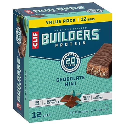 CLIF BUILDERS PROTEIN BARS – CHOCOLATE MINT FLAVOR – 20G PLANT BASED PROTEIN – GLUTEN FREE – NON-GMO – LOW GLYCEMIC – NO ARTIFICIAL SWEETENERS – VALUE PACK, 2.4 OZ. (12 COUNT)
