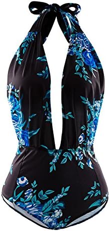 Vsecrety Women's Sexy Retro One Piece Swimsuit Backless Strap Monokini Bathing Suit Deep V Neck Swimwear (Large, Blue floral)