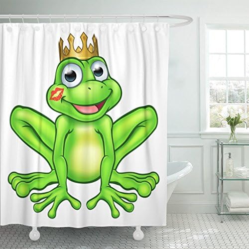 TOMPOP Shower Curtain Cute Cartoon Frog Prince Fairy Tale Mascot Character Wearing Golden Crown with Lipstick Kiss Mark on His Waterproof Polyester Fabric 60 x 72 Inches Set with Hooks