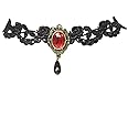Vanjewnol Gothic Black Choker Lace Necklace Royal Court Vampire Choker Necklace with Red Rhinestone and Black Teardrop Pendant Halloween Costume Jewelry for Women